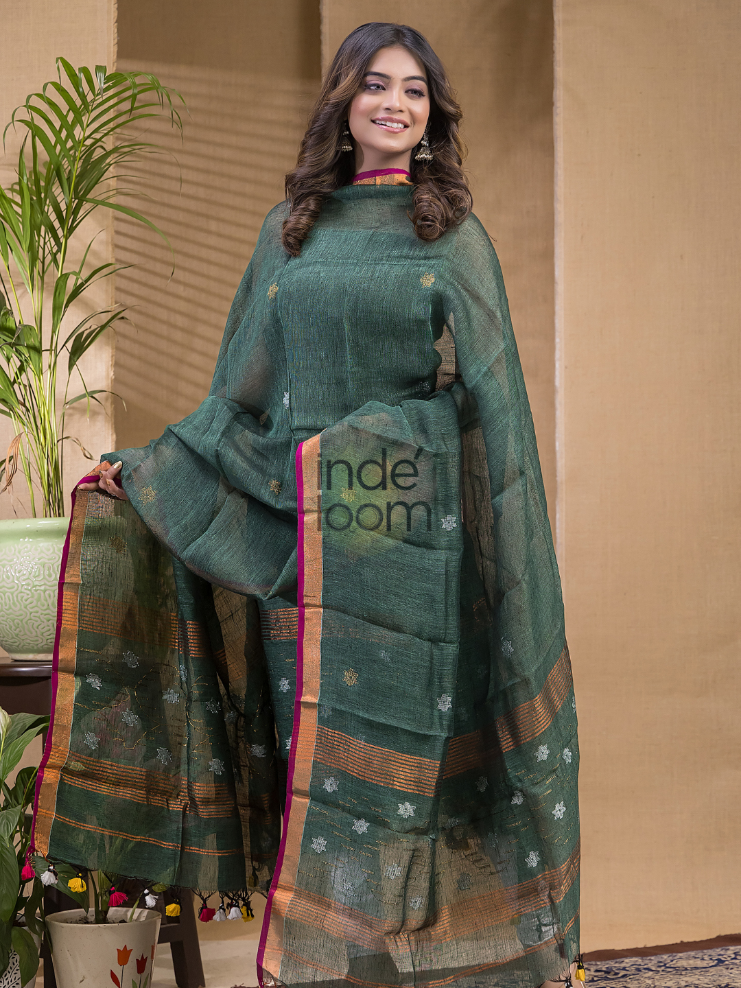 Pine Green Pure Linen Suit 2-Piece Set Kurti & Dupatta (UNSTITCHED) -0631
