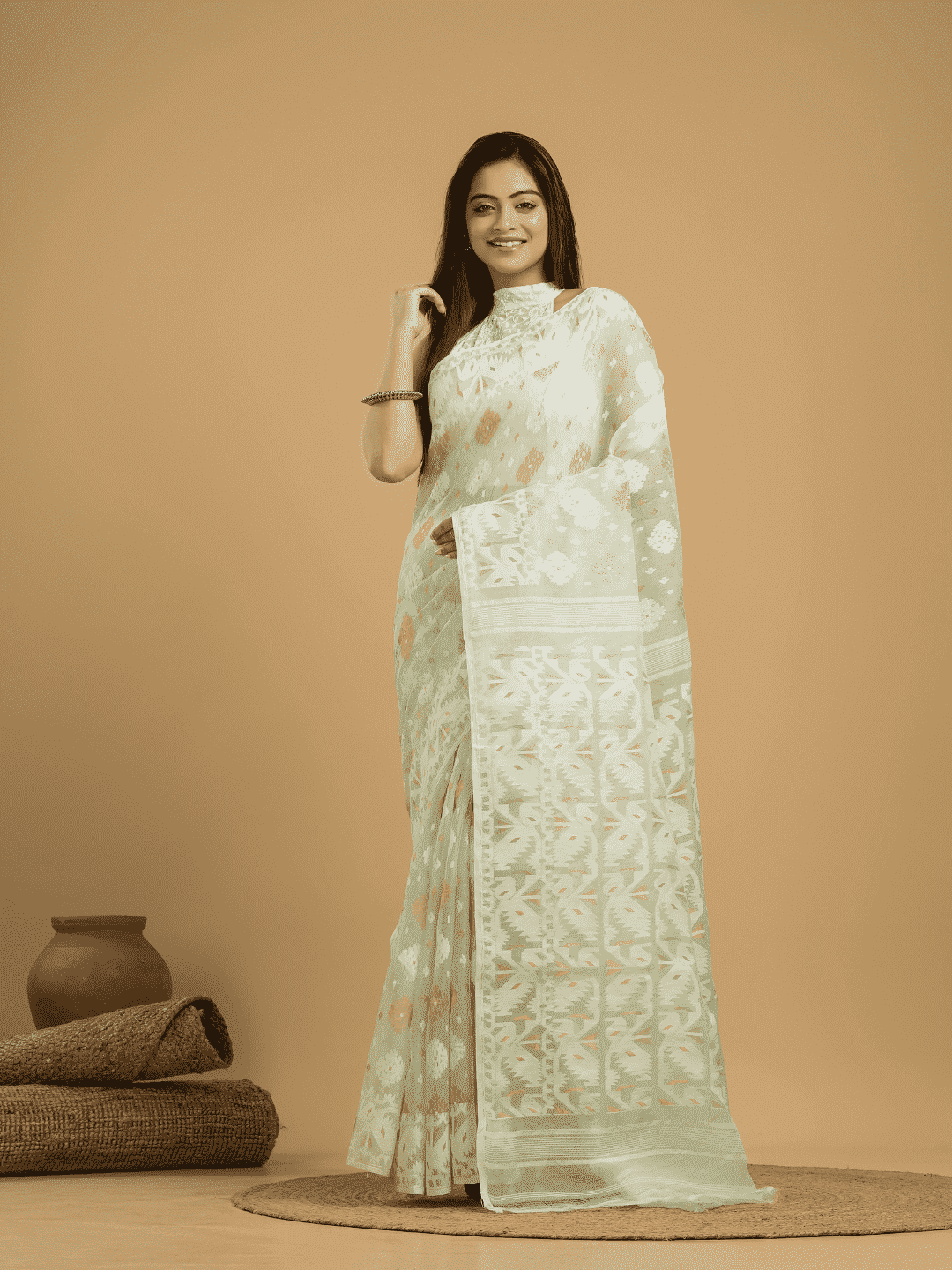 Light Green Jamdani Saree - 052 - indeloom