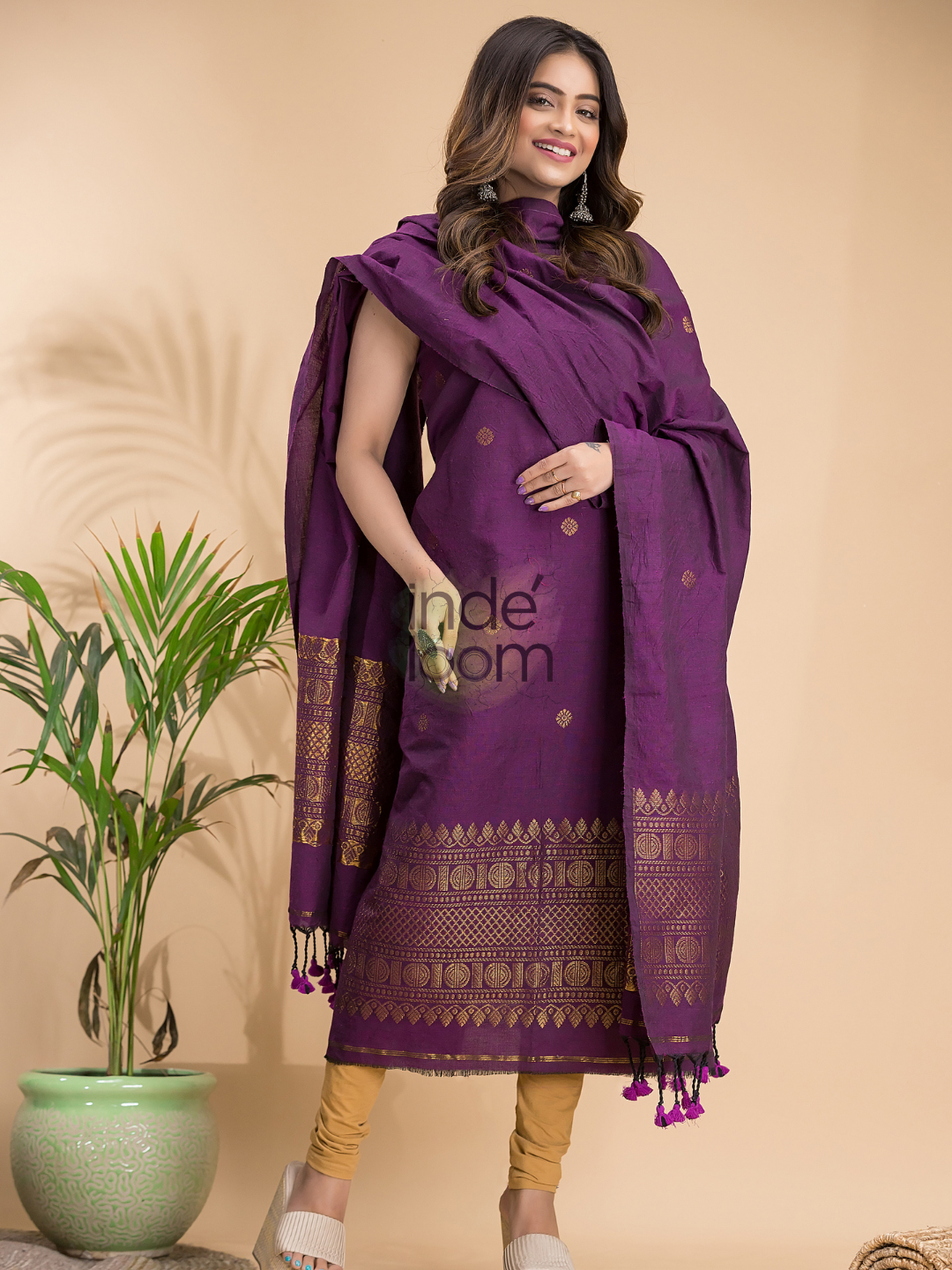 Plum Purple | Handloom Jamdani Linen Unstitched 2-Piece Kurti