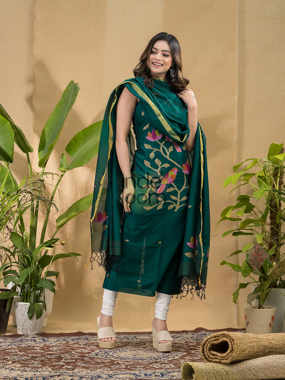 Dark Green Jamdani 2-Piece Set Kurti & Dupatta (UNSTITCHED) -707