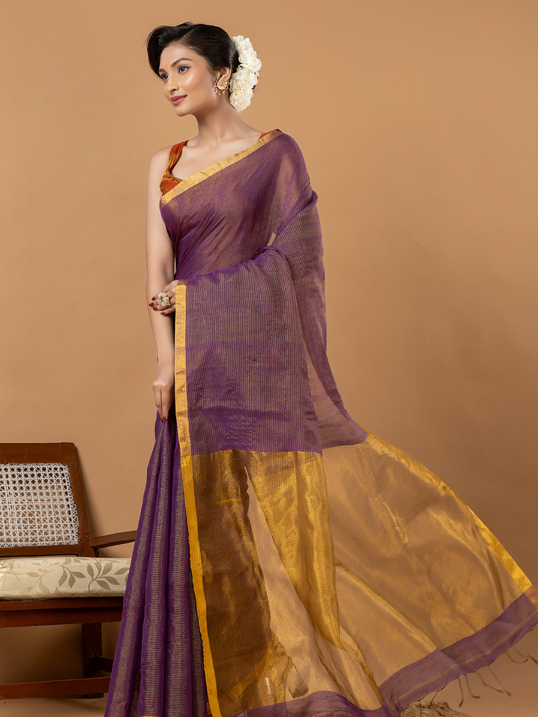 Pure Handloom Silk Tissue Linen Saree | Mauve Purple