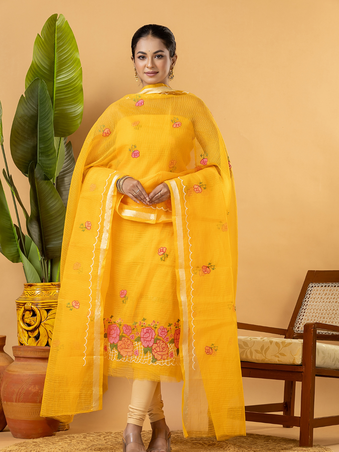 Classic Kota Doria Cotton Unstitched 2-Piece Kurti | Marigold Yellow
