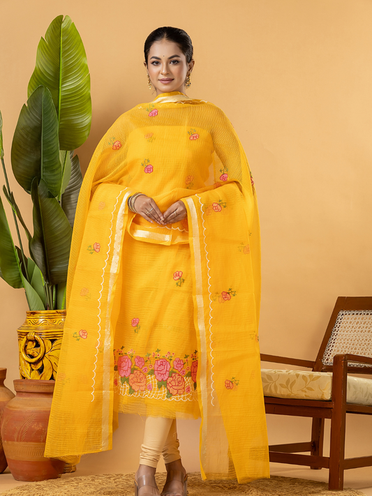 Classic Kota Doria Cotton Unstitched 2-Piece Kurti | Marigold Yellow