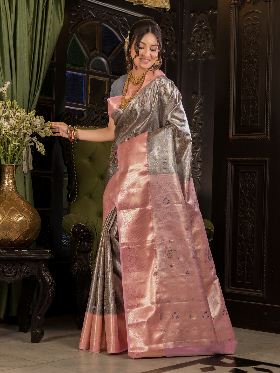 Rajatvata  -  Lava grey silk with warm pink-gold zari border