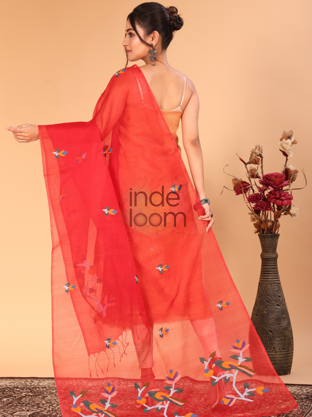 Pure Handloom Muslin Jamdani Dupatta With Apple Red - 016