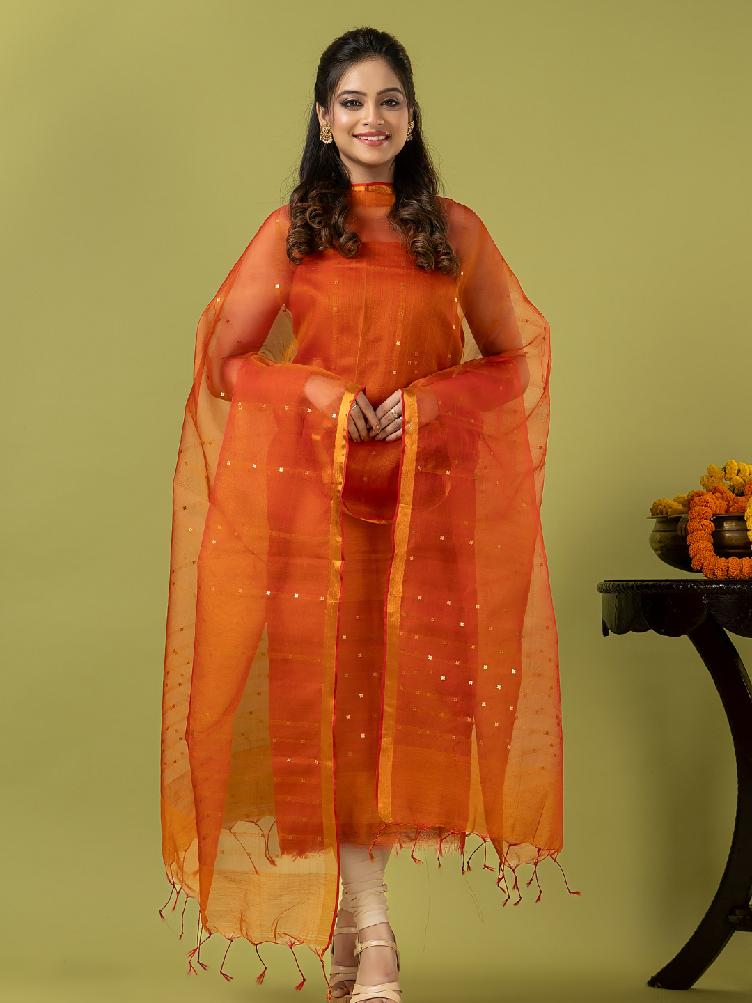 Handwoven Jamdani Muslin Unstitched 2-piece Kurti | Burnt Orange