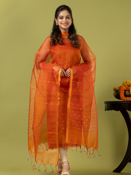 Handwoven Jamdani Muslin Unstitched 2-piece Kurti | Burnt Orange