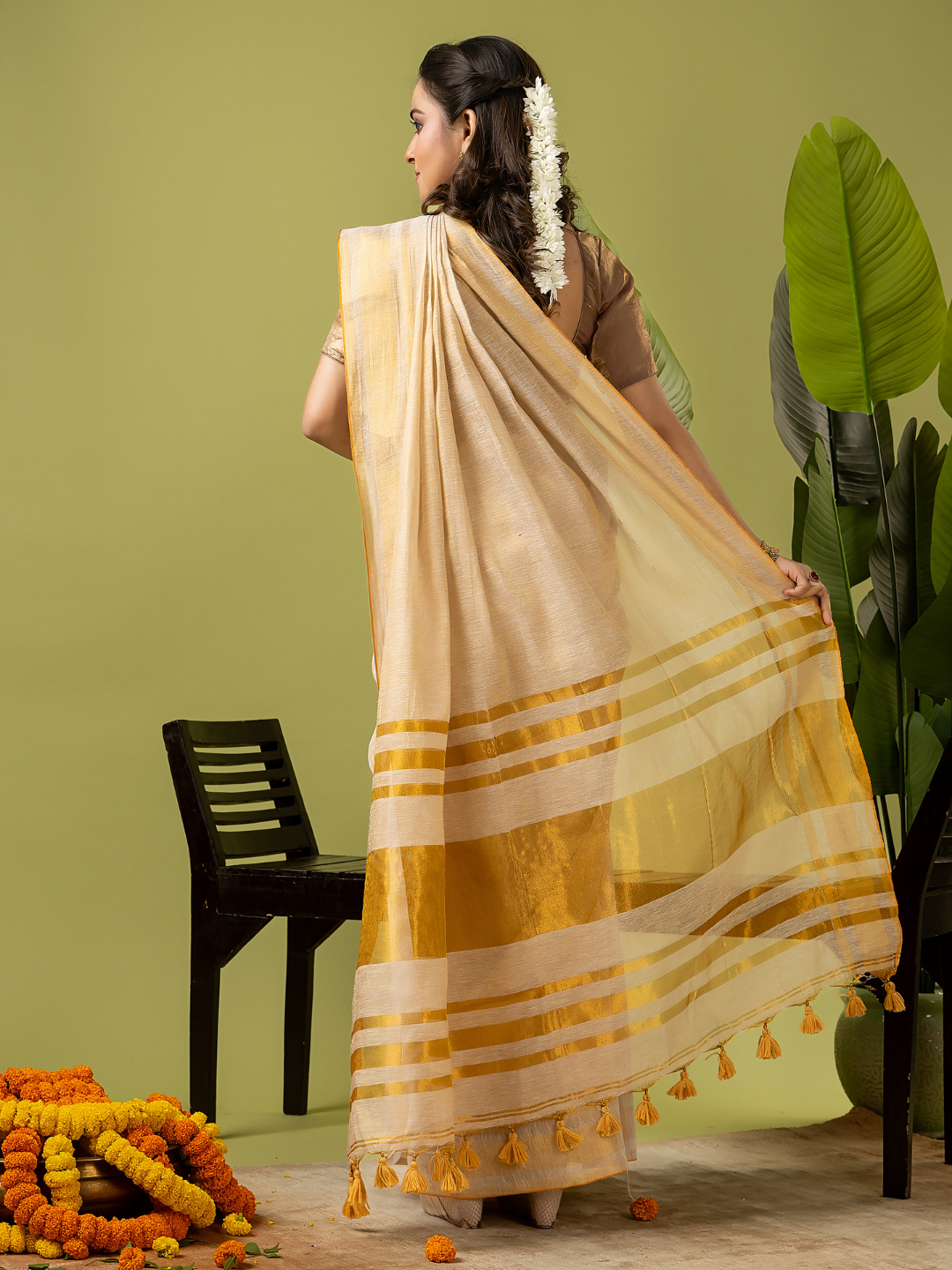 Pure Handloom Linen Saree | Pastel Yellow  and Yelllow  | Half and Half style with Contrast Border