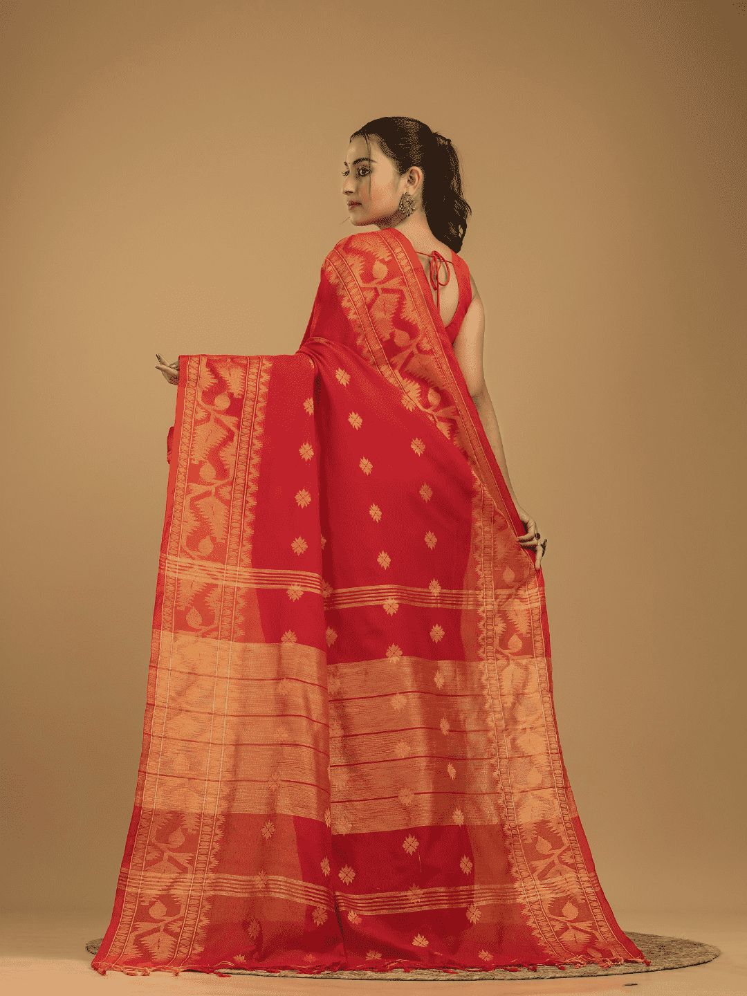 Classic Red Cotton Silk Jamdani Saree - 011 - indeloom