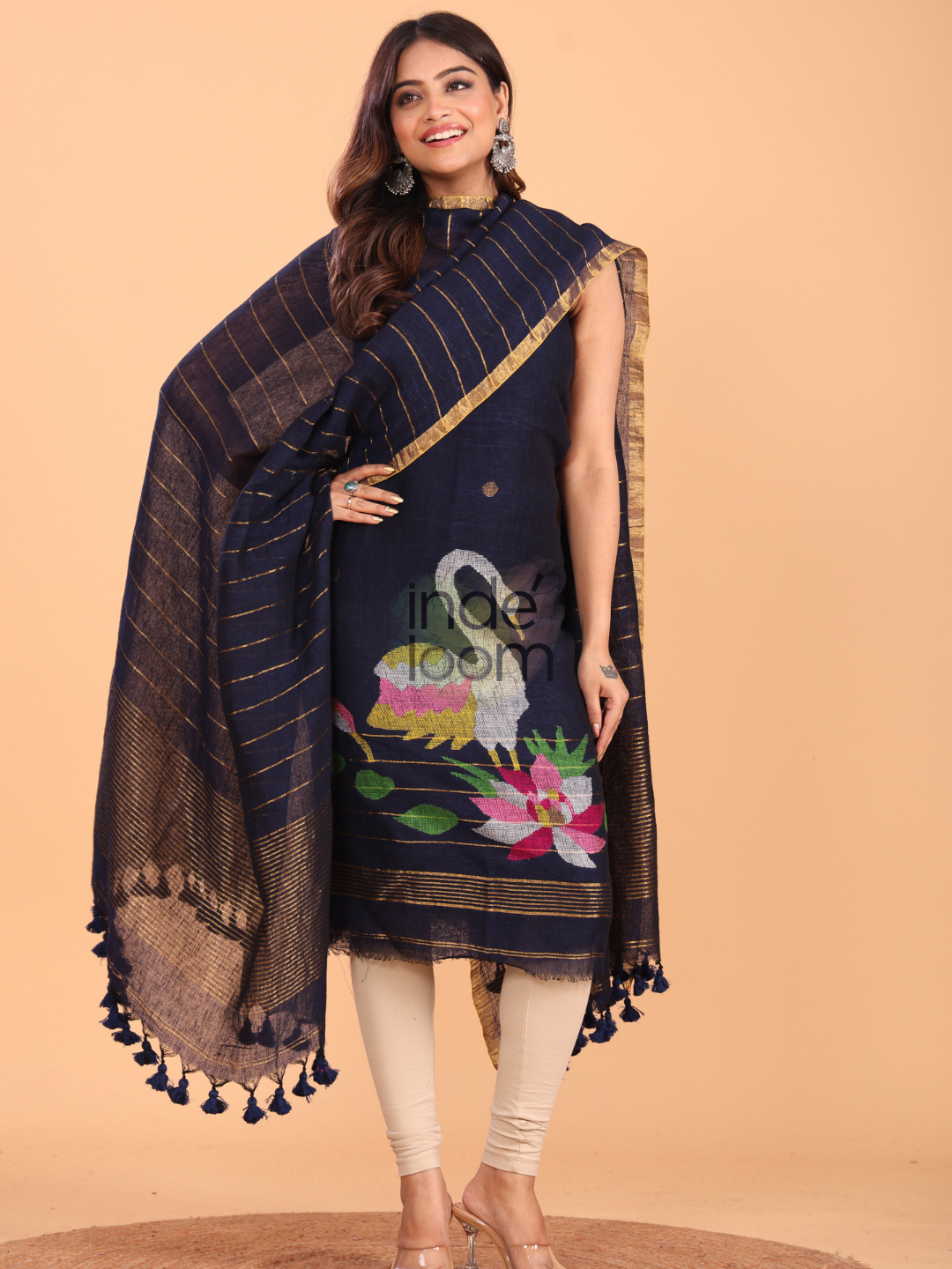 Navy Blue Linen Jamdani 2-Piece Set Kurti & Dupatta (UNSTITCHED) - 057
