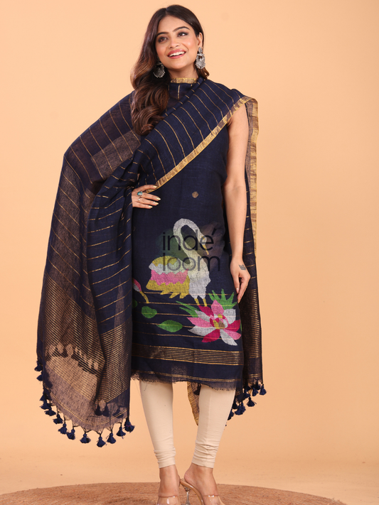 Navy Blue Linen Jamdani 2-Piece Set Kurti & Dupatta (UNSTITCHED) - 057