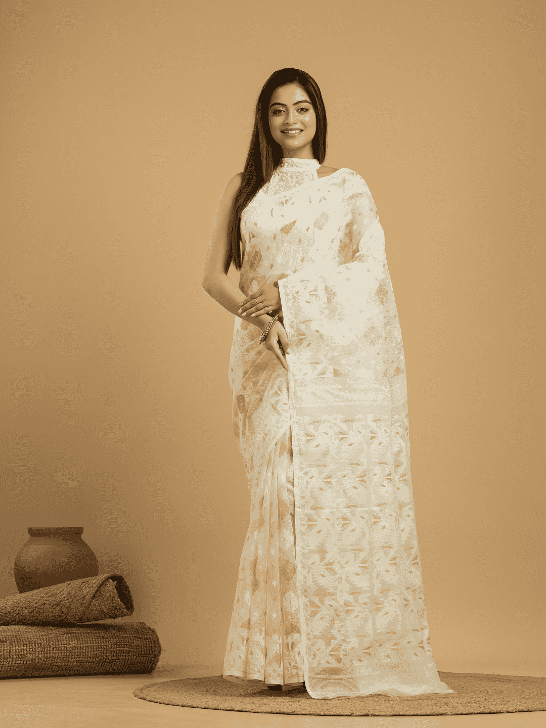 Lace White Cotton Silk Jamdani Saree - 031 - indeloom