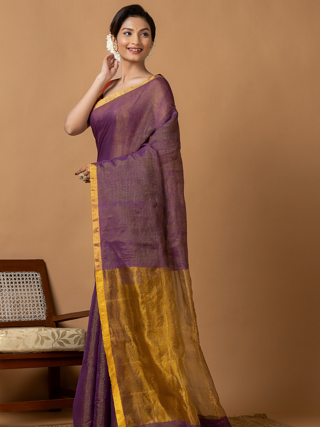 Pure Handloom Silk Tissue Linen Saree | Mauve Purple