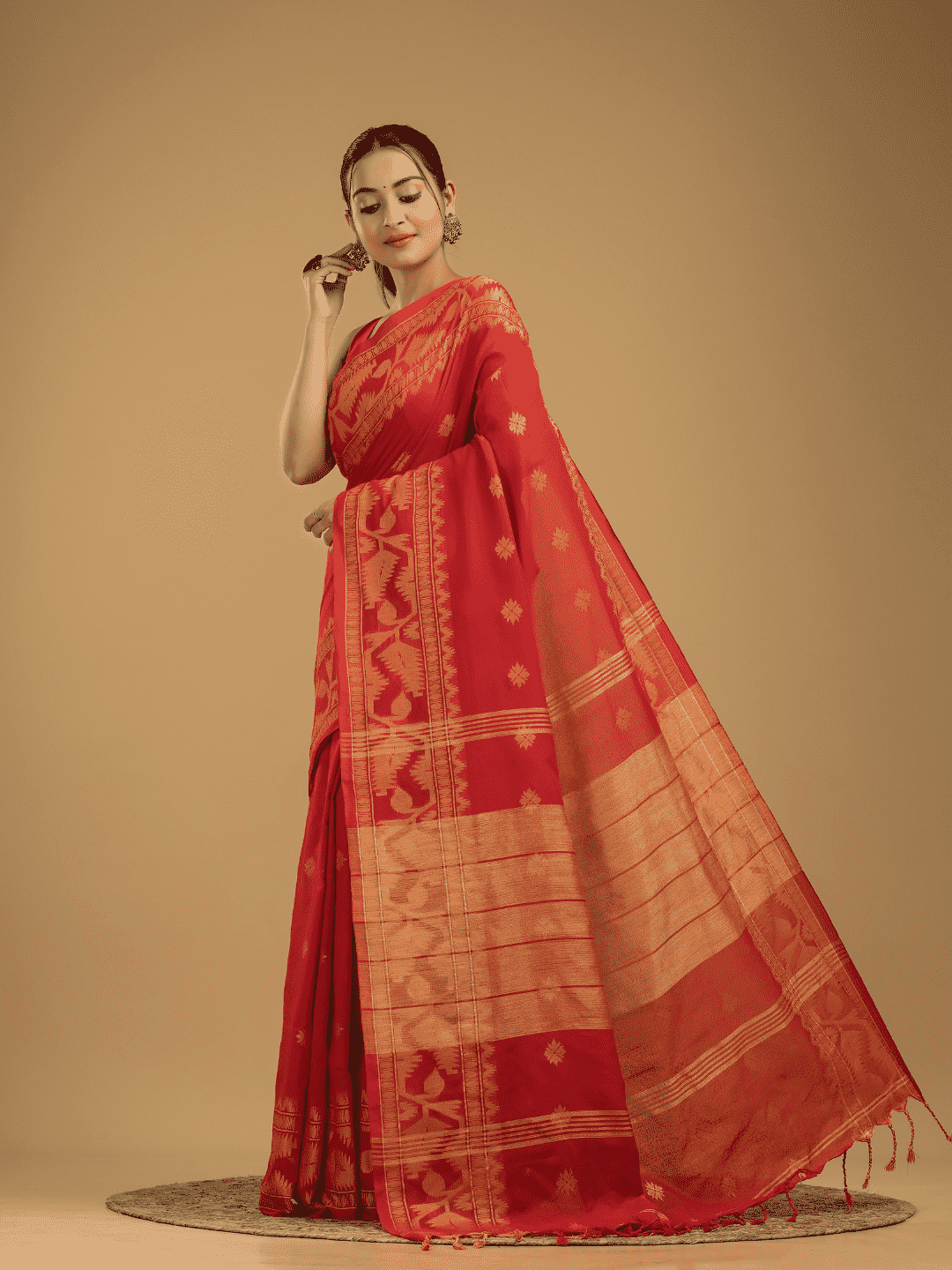 Classic Red Cotton Silk Jamdani Saree - 011 - indeloom