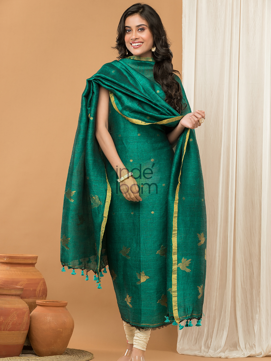 Bottle Green color Jamdani 2-Piece Set Kurti & Dupatta (UNSTITCHED) - 147