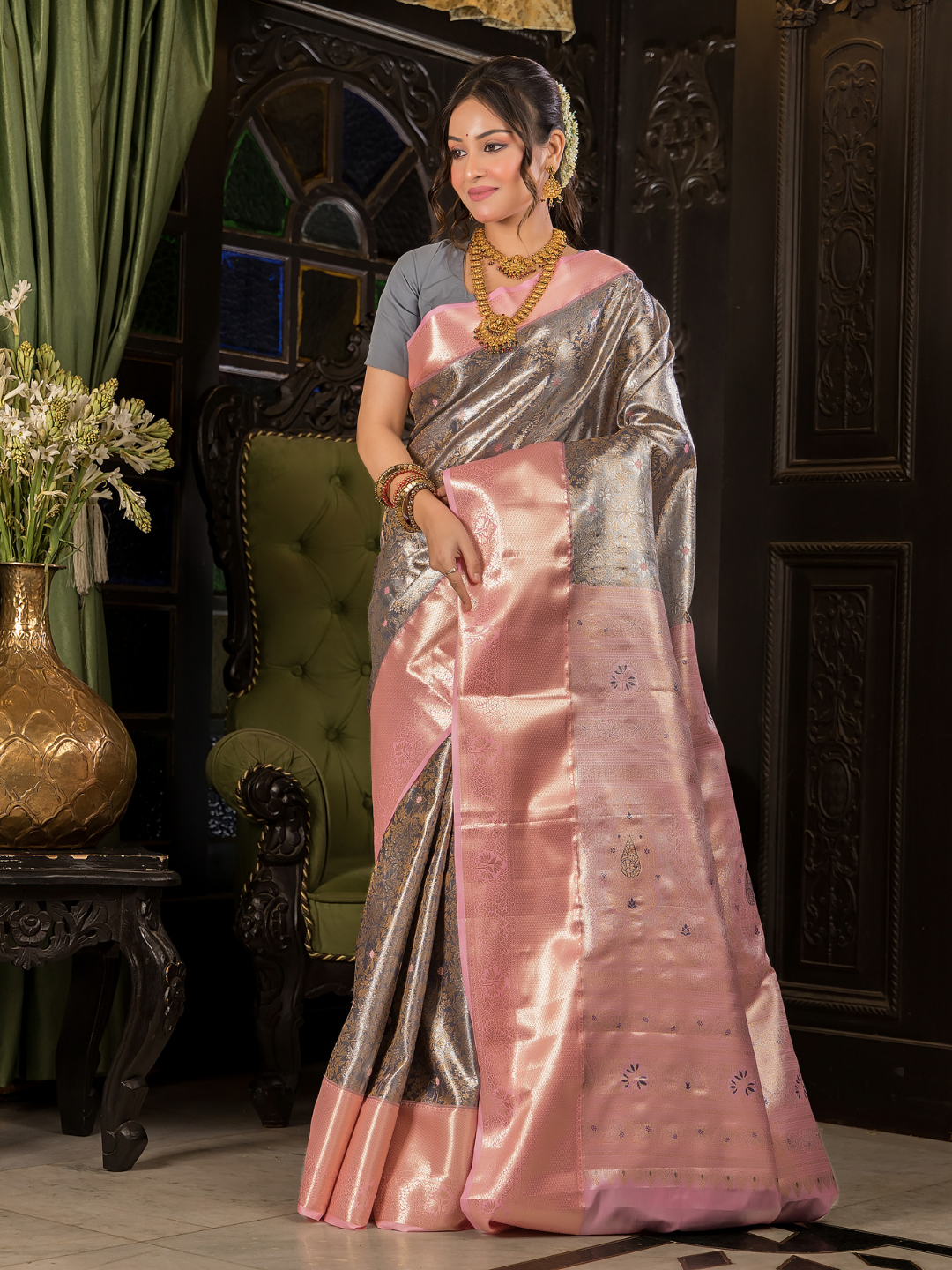 Rajatvata  -  Lava grey silk with warm pink-gold zari border