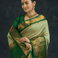 Pure handloom Korvai Silk Cotton Saree in Jade Green and Golden Border - 074