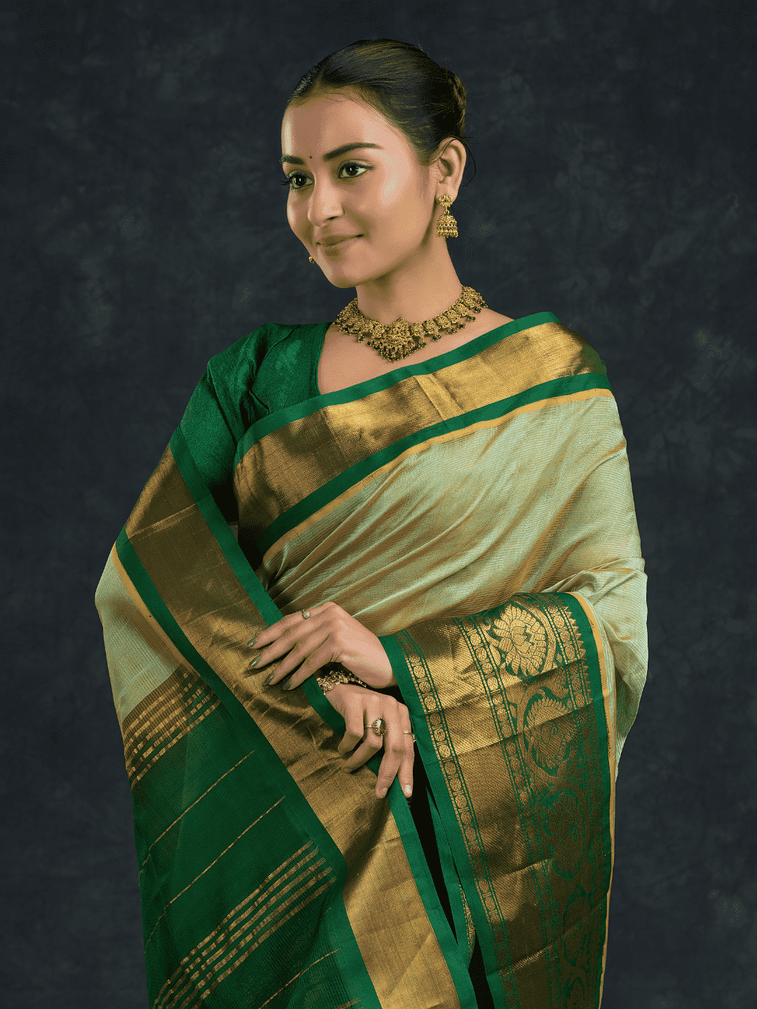 Pure handloom Korvai Silk Cotton Saree in Jade Green and Golden Border - 074