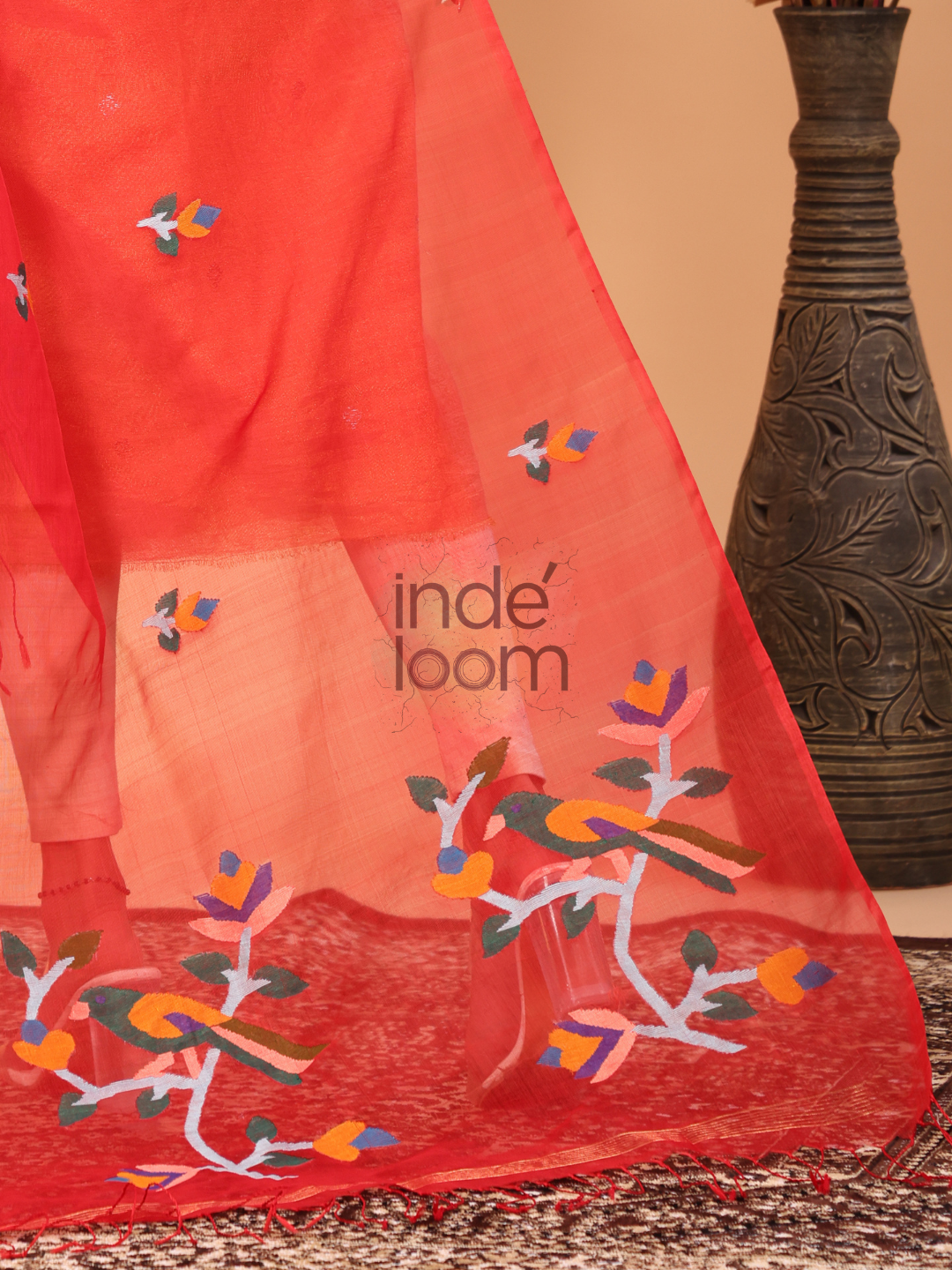 Pure Handloom Muslin Jamdani Dupatta With Apple Red - 016