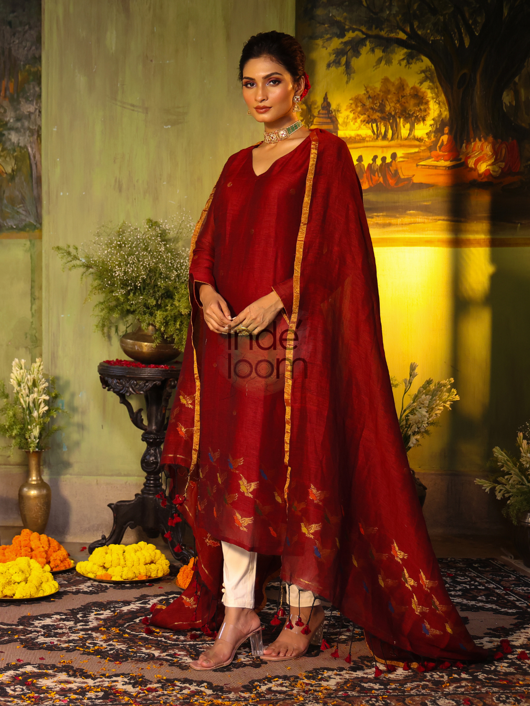 Wine Red Cotton Linen 2-Piece Set Kurti & Dupatta (UNSTITCHED) - 313