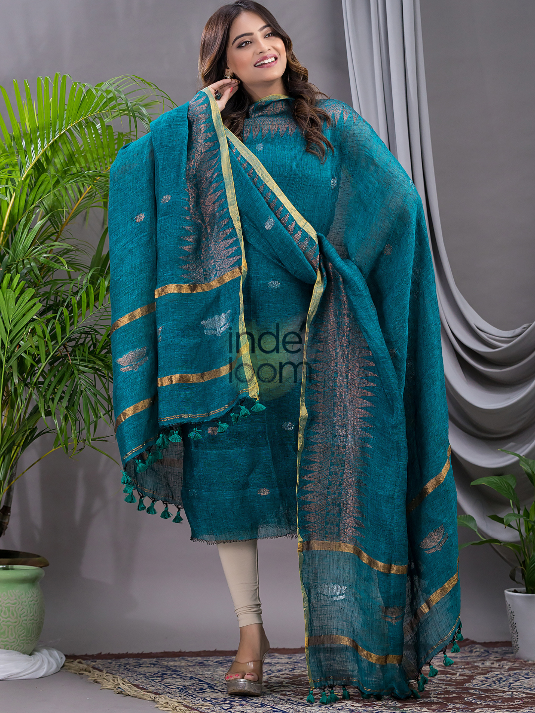 Teal Blue Linen X Linen 2-Piece Set Kurti & Dupatta (UNSTITCHED) - 111