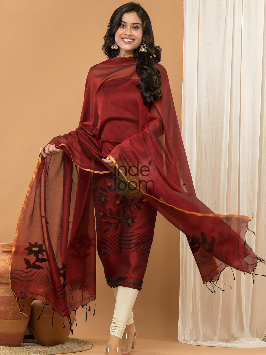 Handloom Jamdani Unstitched 2-Piece Kurti  |  Maroon