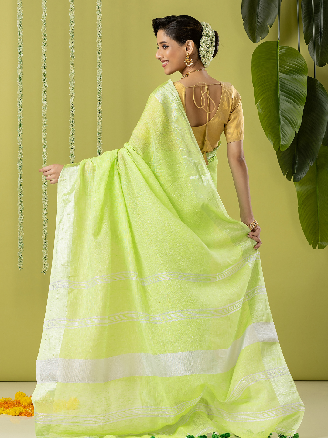 Pure Handloom Linen Saree | Lime Green