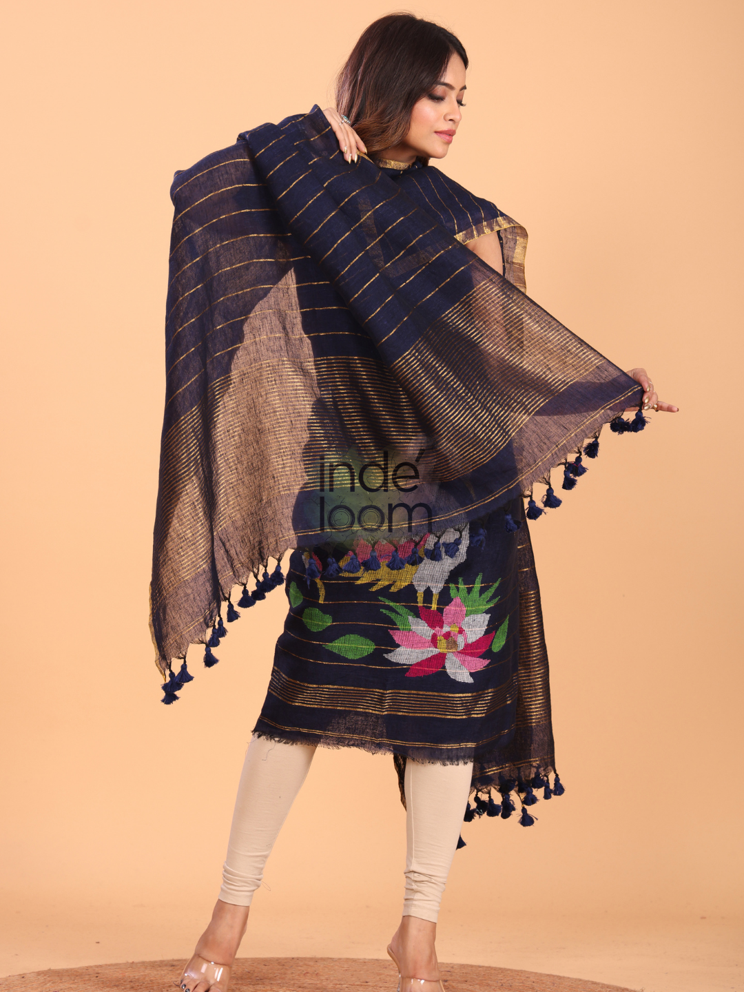 Navy Blue Linen Jamdani 2-Piece Set Kurti & Dupatta (UNSTITCHED) - 057