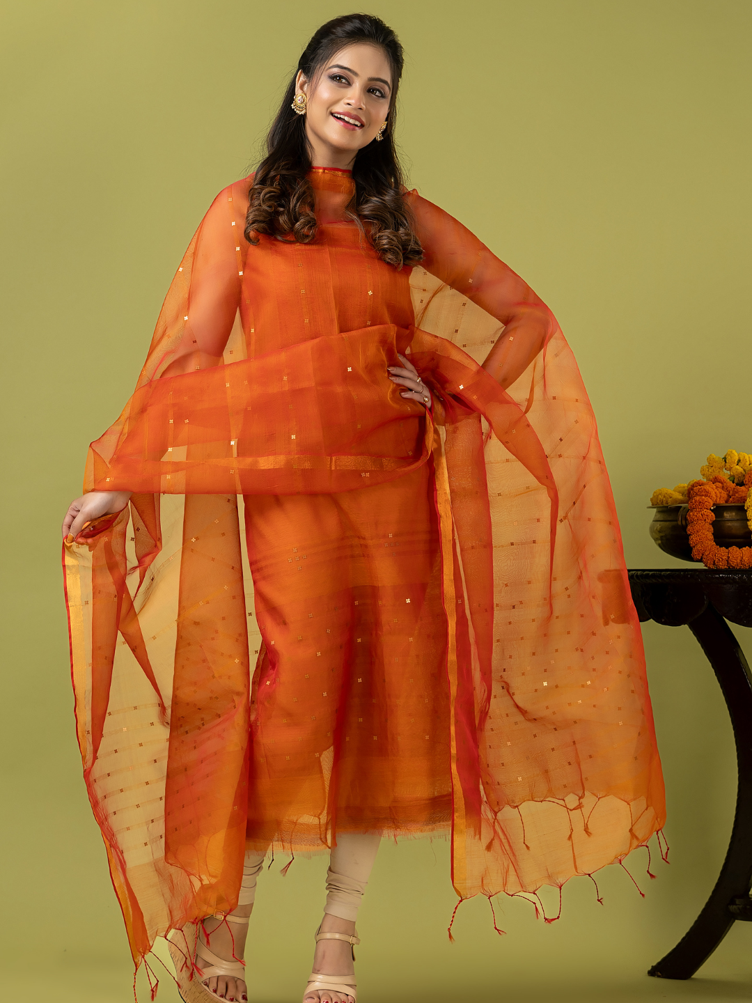 Handwoven Jamdani Muslin Unstitched 2-piece Kurti | Burnt Orange