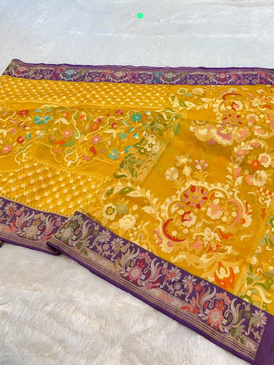 Exclusive Pure Ektara Benarasi Kora Jamdani saree | Yellow
