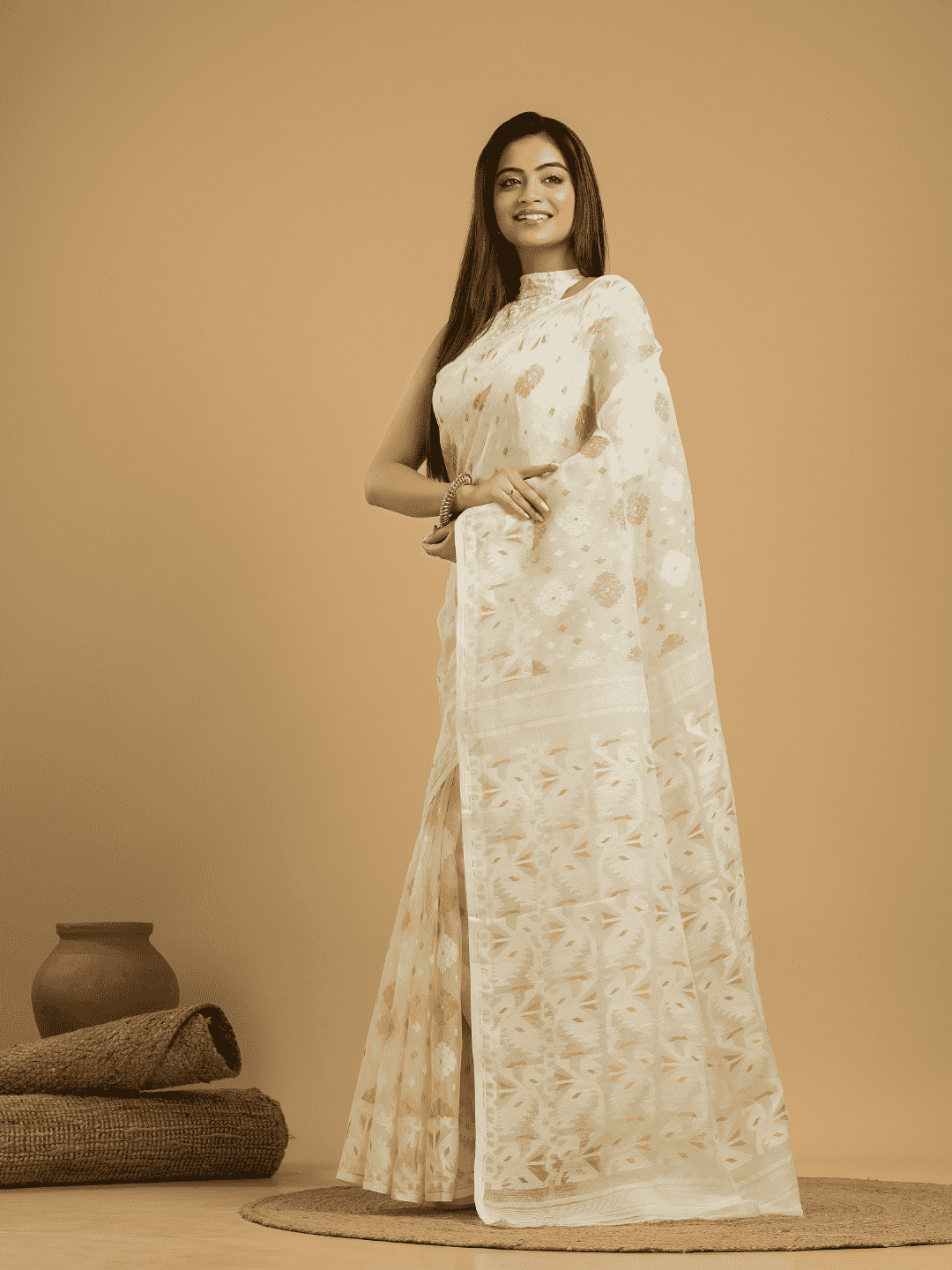 Lace White Cotton Silk Jamdani Saree - 031 - indeloom