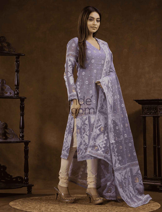 "Lavender Purple Cotton Silk Jamdani 2-Piece Set Kurti & Dupatta (UNSTITCHED) - 380 - indeloom"
