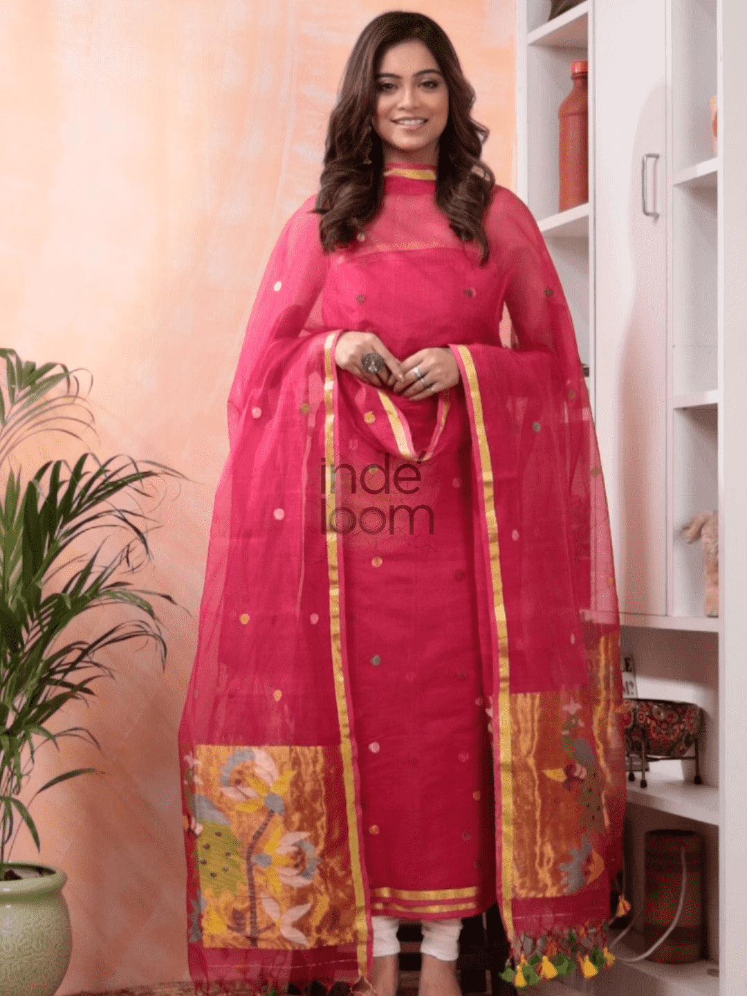 "Imperial Red Paithani Jamdani 2-Piece Set Kurti & Dupatta (UNSTITCHED) -391 - indeloom"