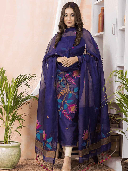 "Berry Blue Jamdani 2-Piece Set Kurti & Dupatta (UNSTITCHED) -474 - indeloom"