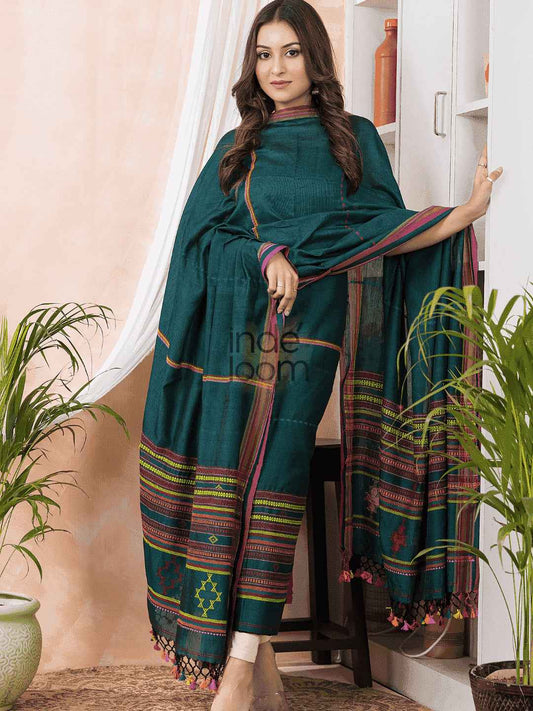 "Dark Green Jamdani 2-Piece Set Kurti & Dupatta (UNSTITCHED) -491 - indeloom"