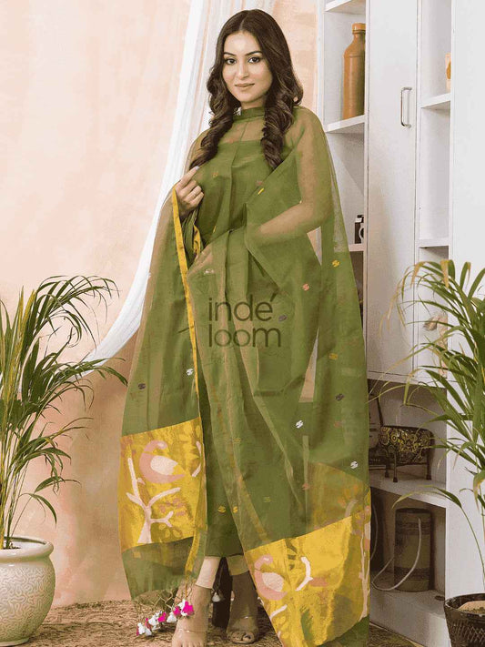 "Apple Green Paithani Muslin Jamdani 2-Piece Set Kurti & Dupatta (UNSTITCHED) -528 - indeloom"