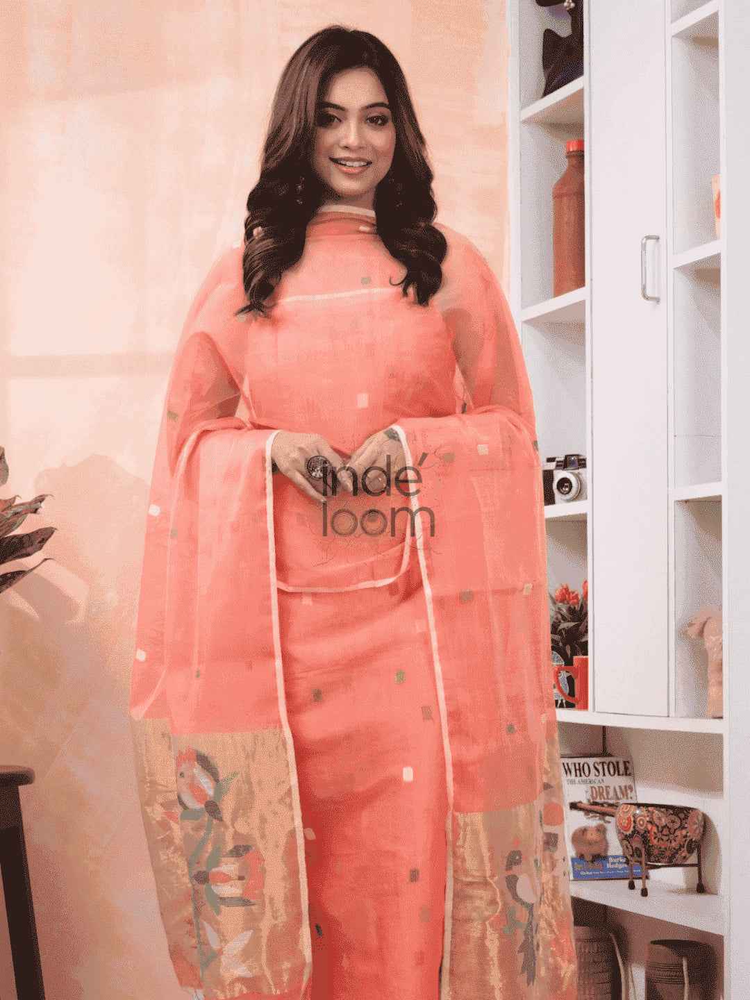 Handwoven Jamdani Muslin Unstitched 2-piece Kurti  |  Tomato Red