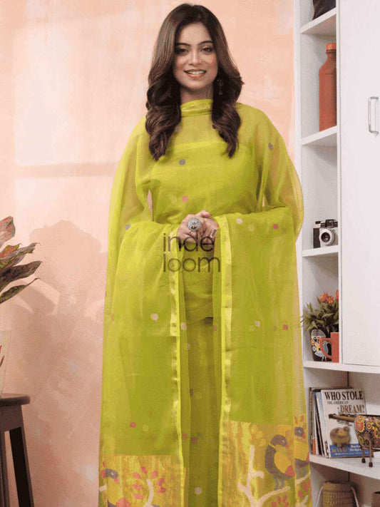 Handwoven Jamdani Muslin Unstitched 2-piece Kurti  |  Lemon Yellow