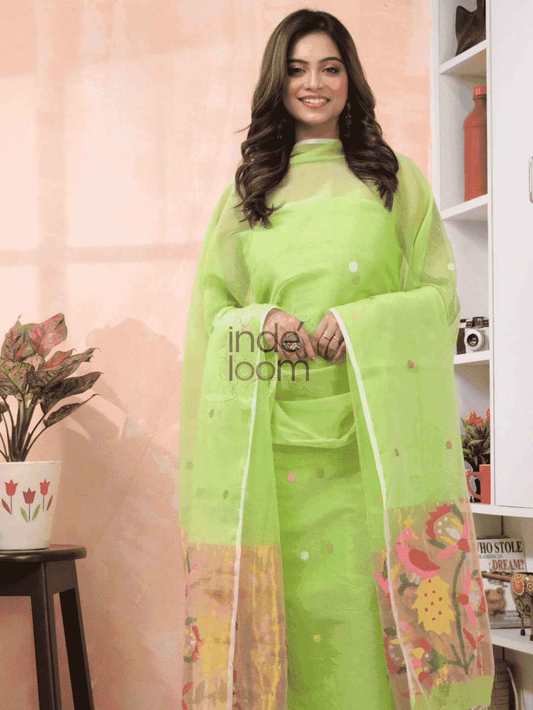 "Lime Green Paithani Muslin Jamdani 2-Piece Set Kurti & Dupatta (UNSTITCHED) -612 - indeloom"