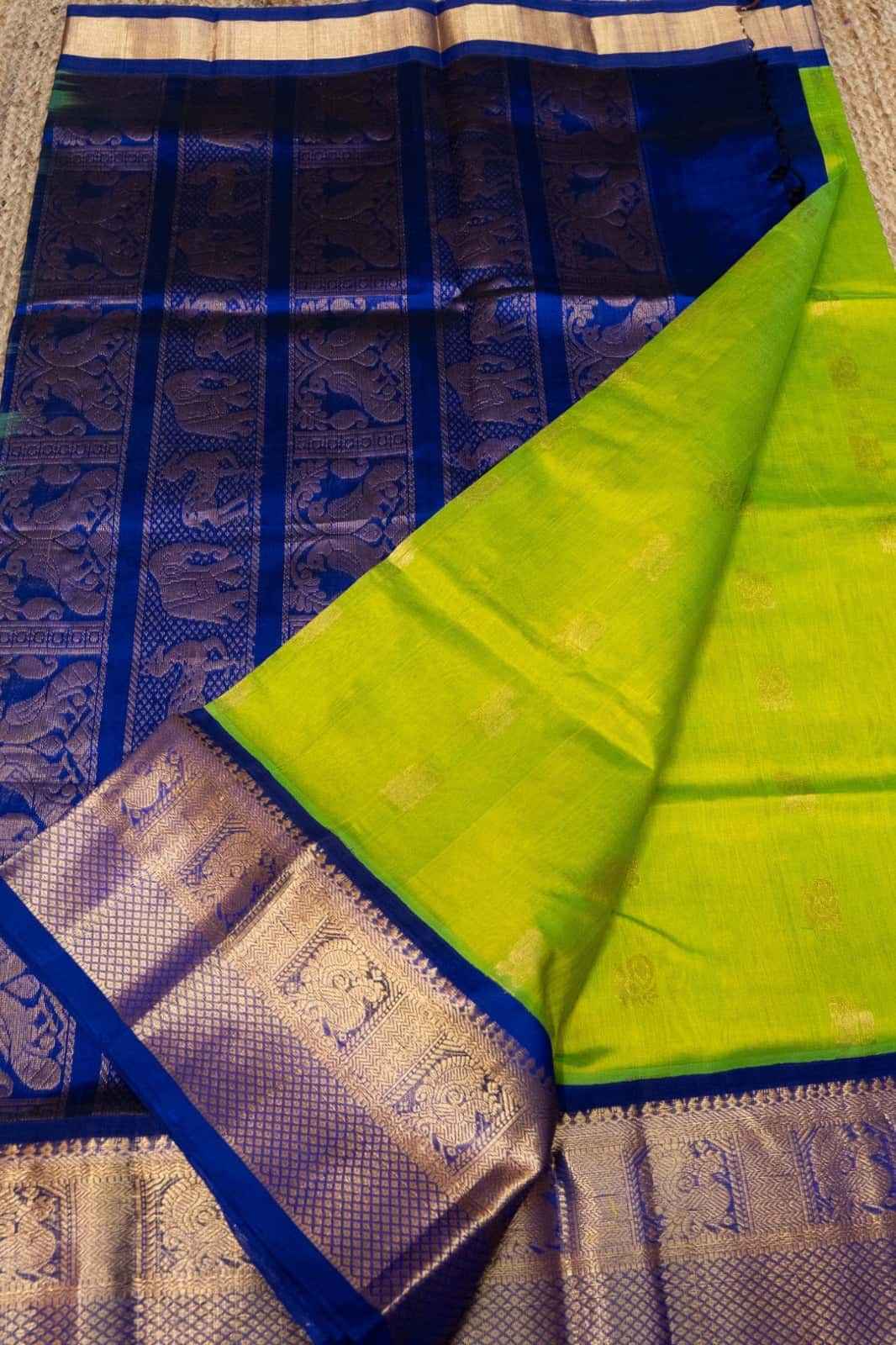 Handloom Korvai Silk Cotton Saree  |  Lime Green