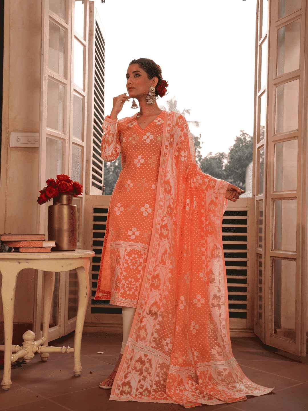 Handwoven Jamdani Muslin Unstitched 2-piece Kurti  |  Almond Beige