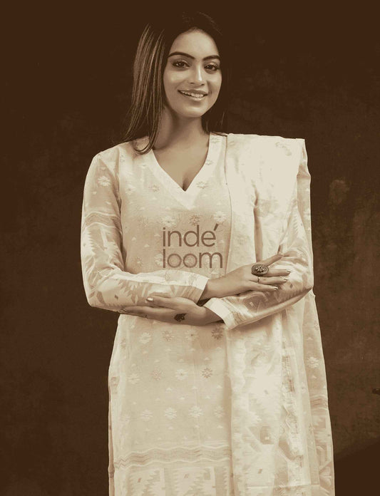 "Light Green Cotton Silk Jamdani 2-Piece Set Kurti & Dupatta (UNSTITCHED) - 375 - indeloom"