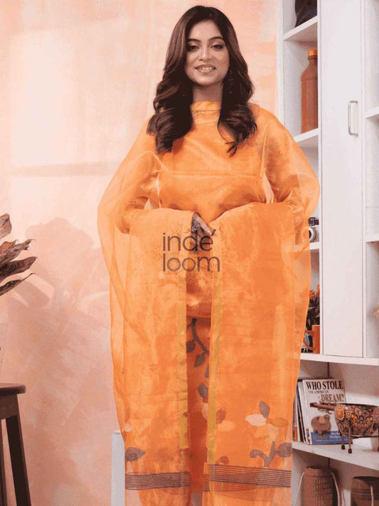 "Amber Orange Jamdani 2-Piece Set Kurti & Dupatta (UNSTITCHED) -587 - indeloom"