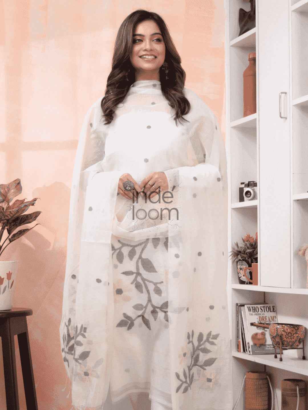 Handwoven Jamdani Muslin Unstitched 2-piece Kurti  |  Snow White