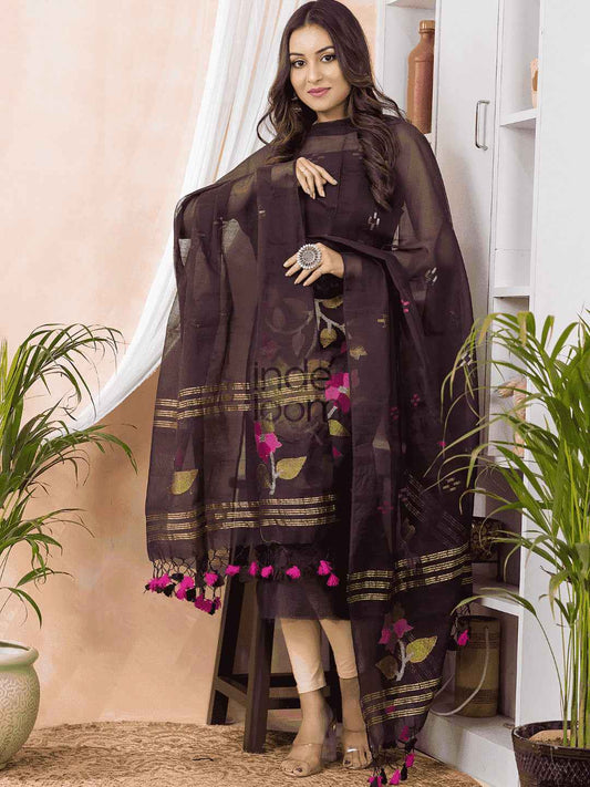 Handwoven Jamdani Muslin Unstitched 2-piece Kurti  |  Espresso Brown