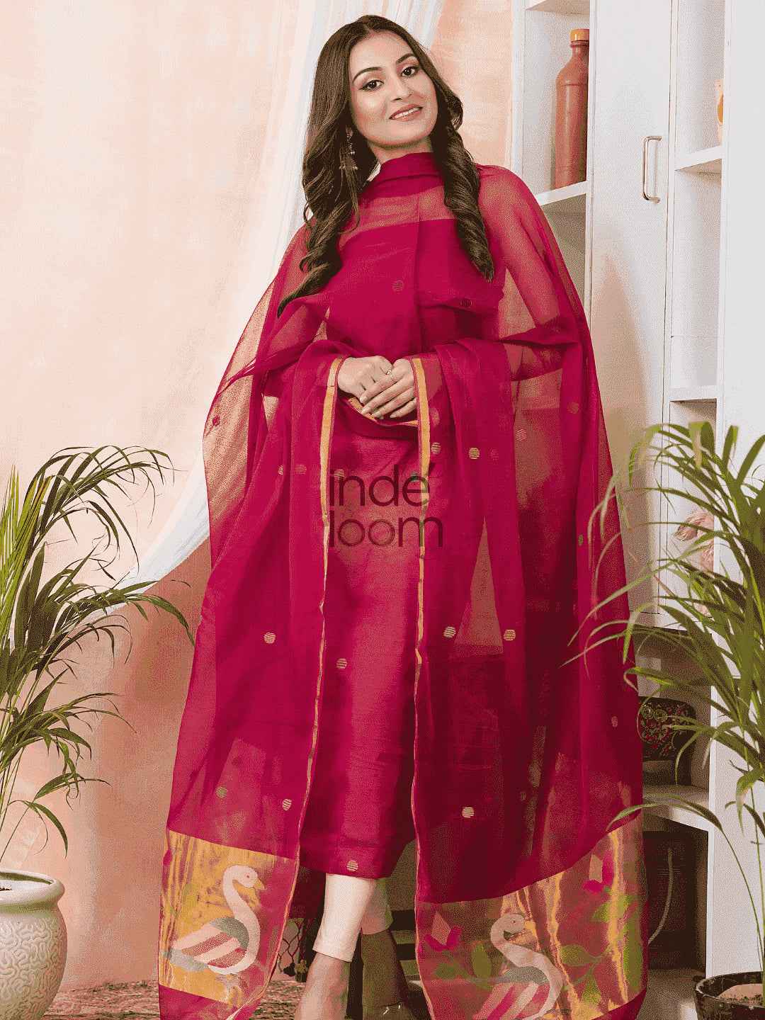 Handwoven Jamdani Tissue Silk Unstitched 2-piece Kurti  |  Fire Orange