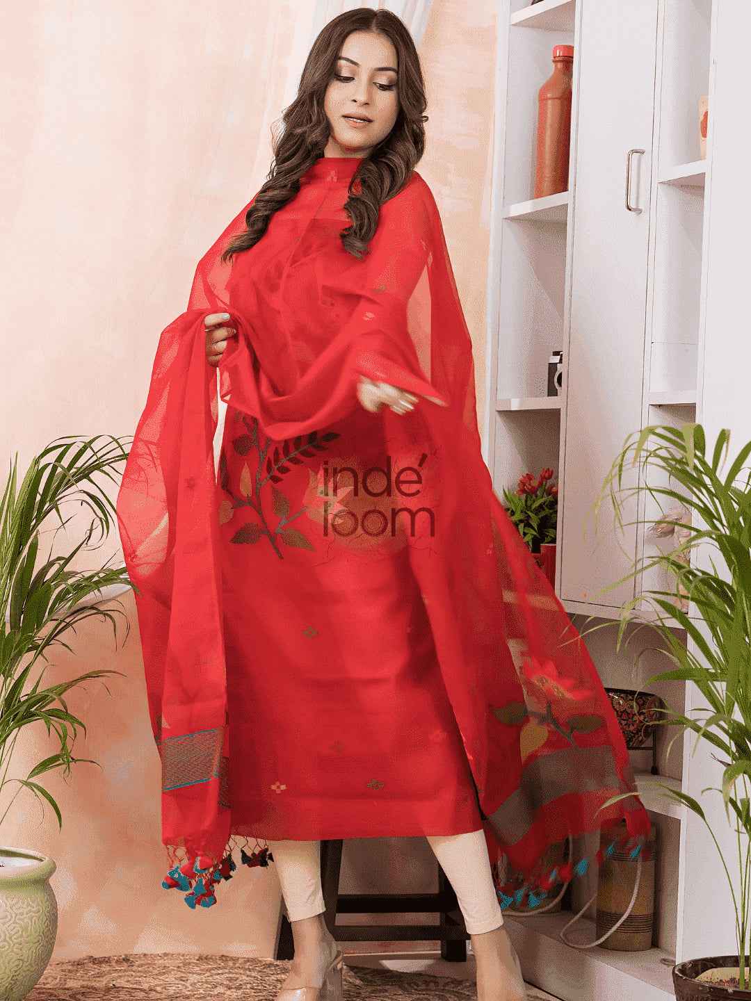 "Classic Red Jamdani 2-Piece Set Kurti & Dupatta (UNSTITCHED) -520 - indeloom"