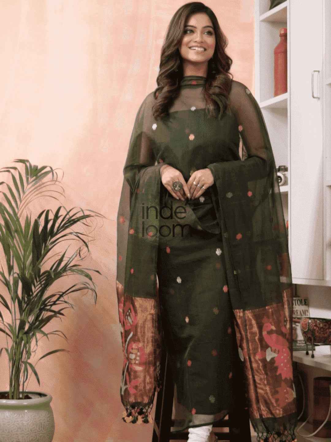 "Army Green Paithani Muslin Jamdani 2-Piece Set Kurti Dupatta (UNSTITCHED) -439 - indeloom"