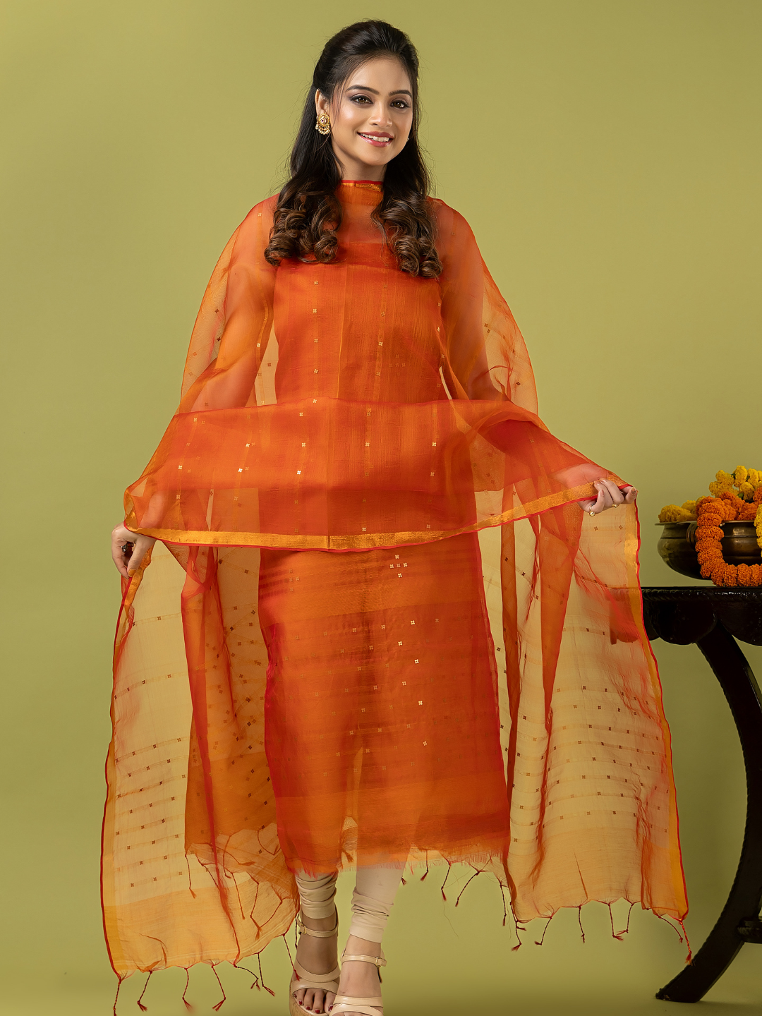 Handwoven Jamdani Muslin Unstitched 2-piece Kurti | Burnt Orange