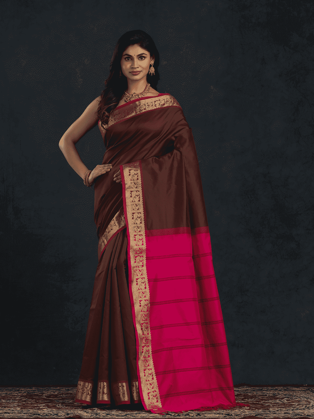 Pure Handloom Korvai Saree | Classic Korvai | Red and Brown